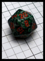 Dice : Dice - 20D - Chessex Green Black and Grey Speckle with Red Numerals - POD Aug 2015